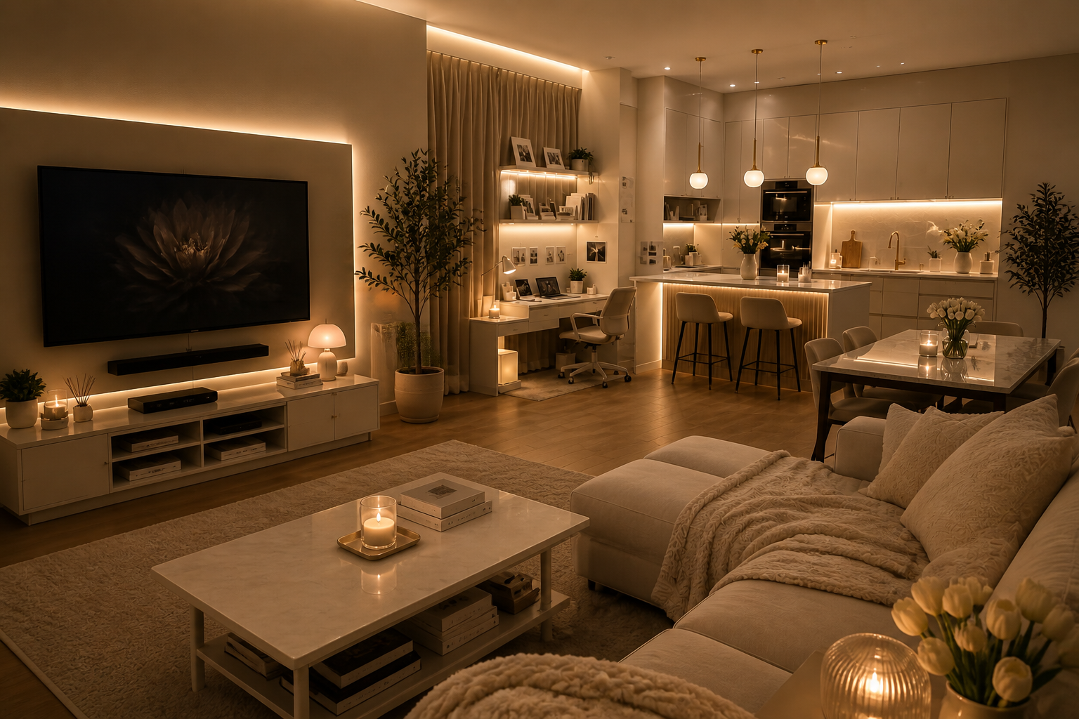 Sala de estar contemporánea con iluminación cálida, decoración y mobiliario elegante